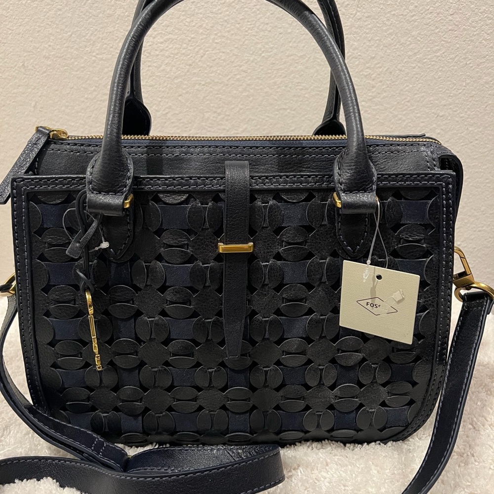 Fossil Navy Woven Leather Floral Cutout Satchel - Picture 12 of 12